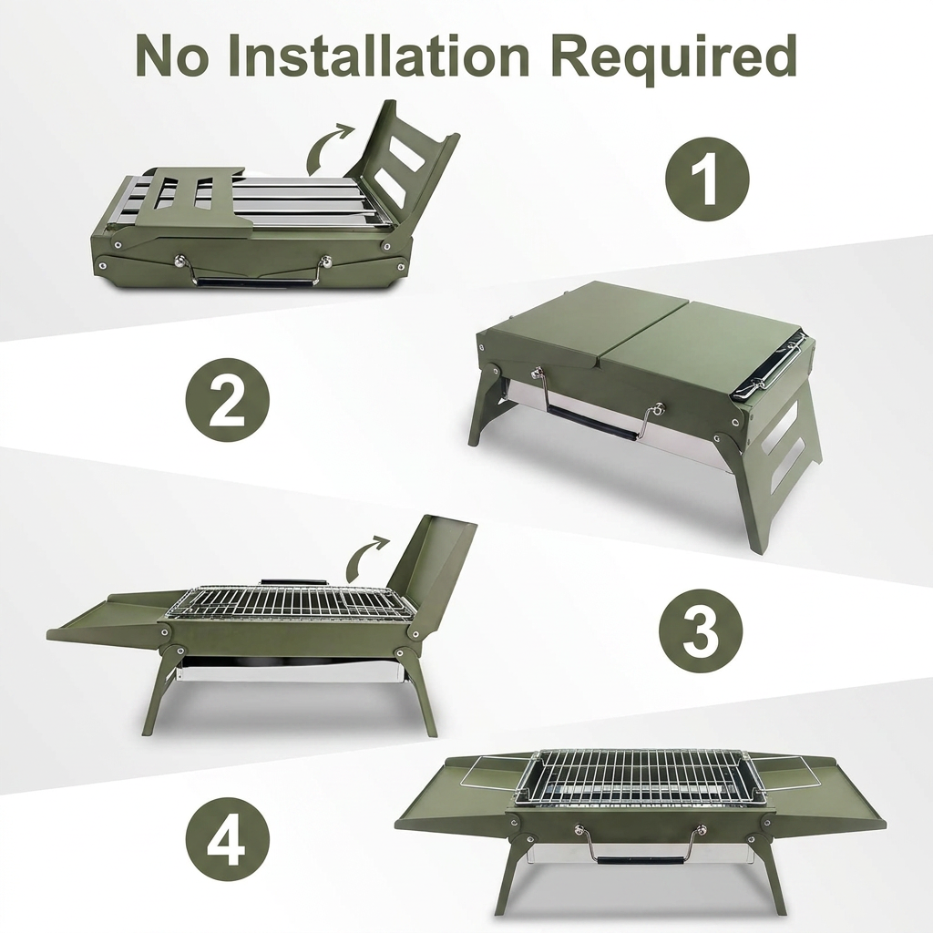 Portable Charcoal Grill for Camping and Picnics - Compact Folding Design with Adjustable Grate