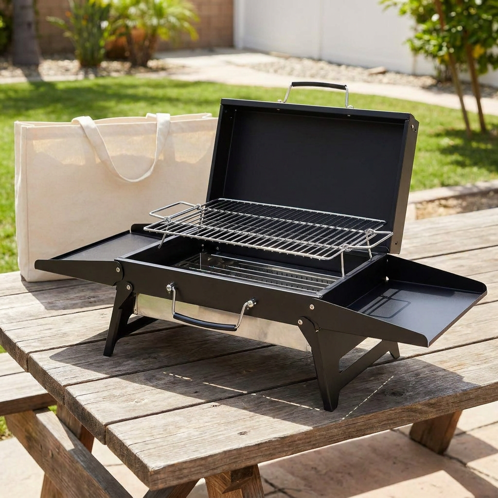 Portable Charcoal Grill for Camping and Picnics - Compact Folding Design with Adjustable Grate