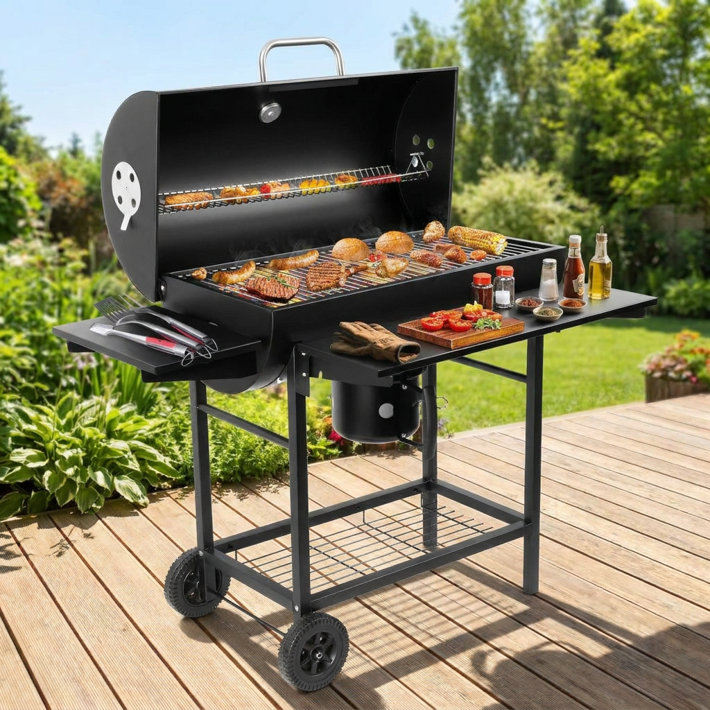 Charcoal Barrel Grill with Side Smoker Box, Built-in Thermometer & Cart