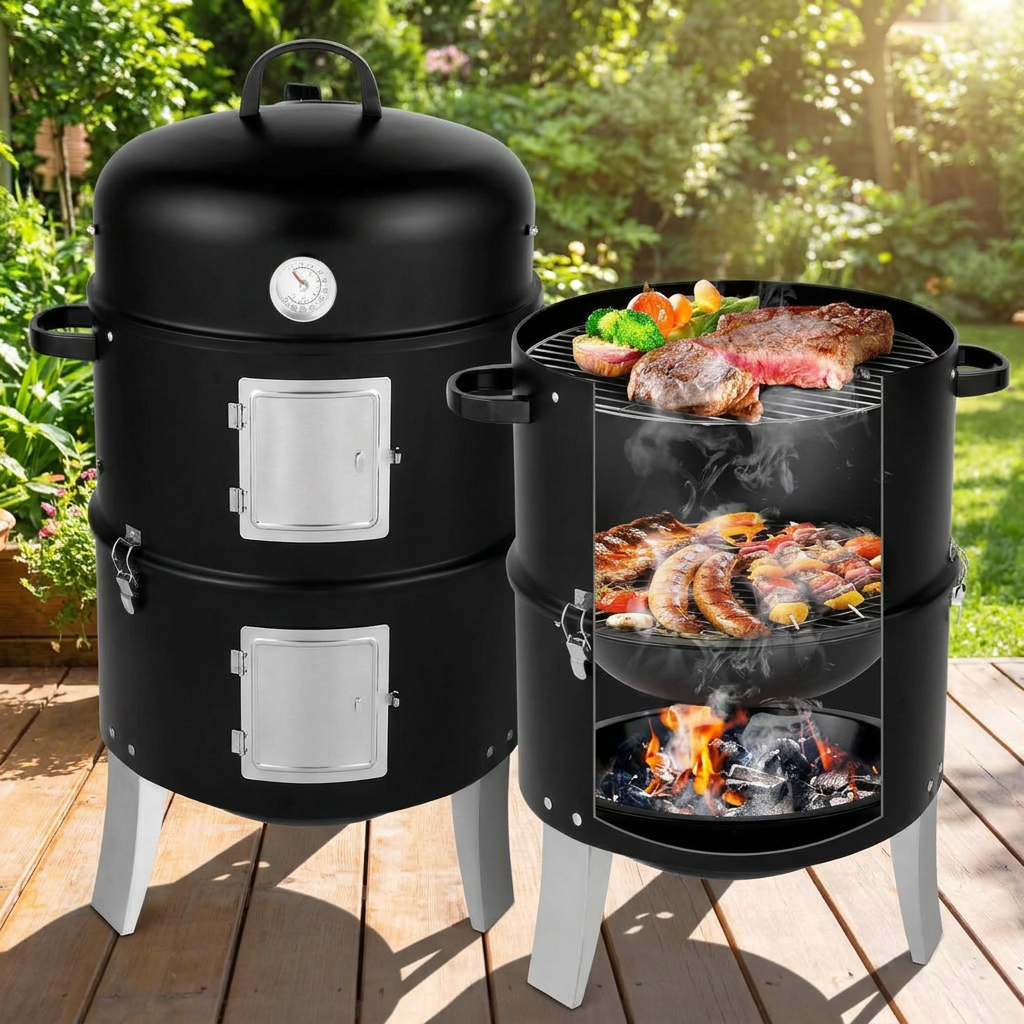 Vertical Charcoal Smoker Grill with Thermometer and Dual Access Doors