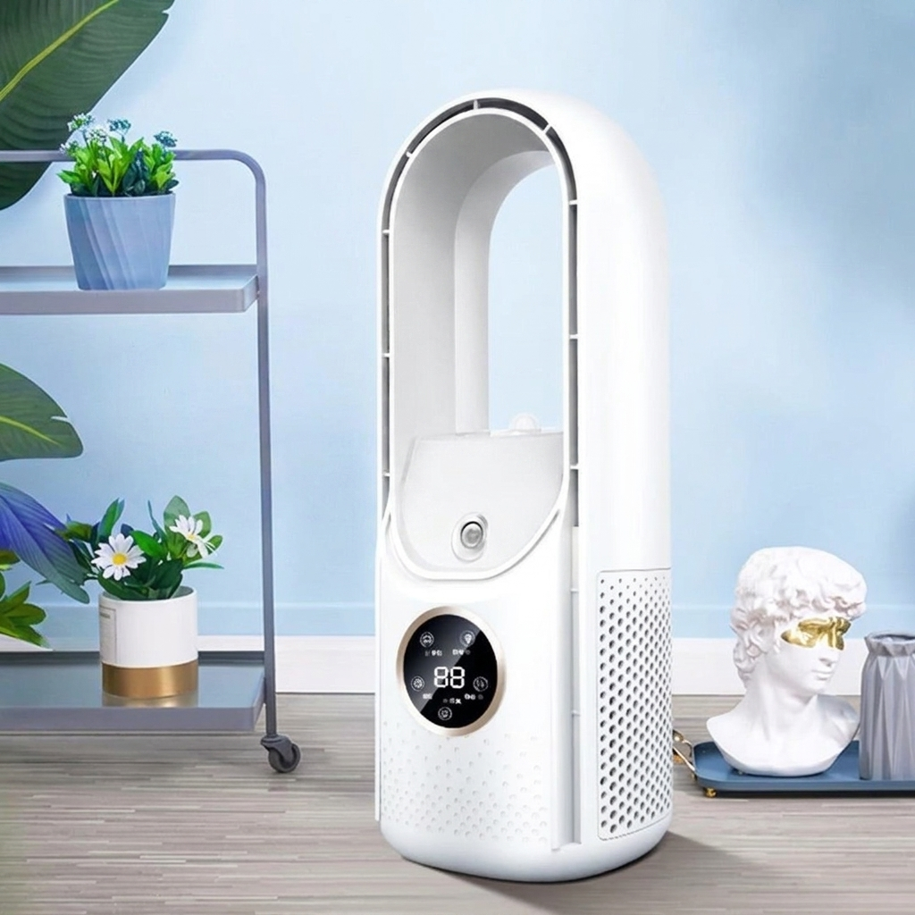 Portable Bladeless Air Cooler with Humidifier – USB Fan with LED Light, 6 Speeds