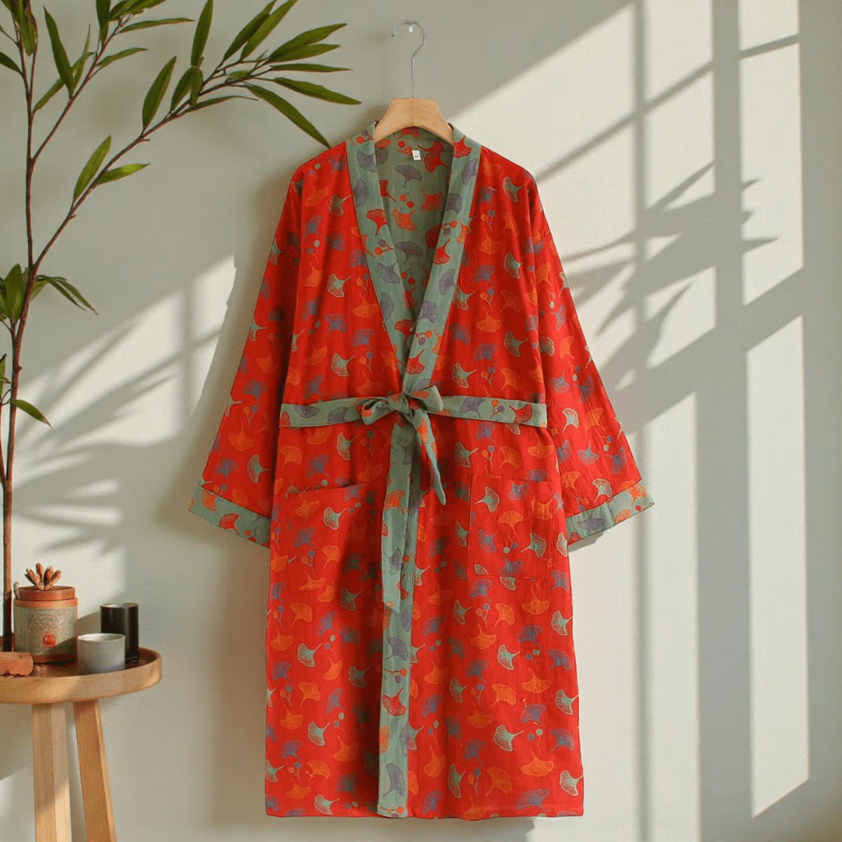Two-Tone Organic Cotton Reversible Bathrobe – Ginkgo Design Kimono