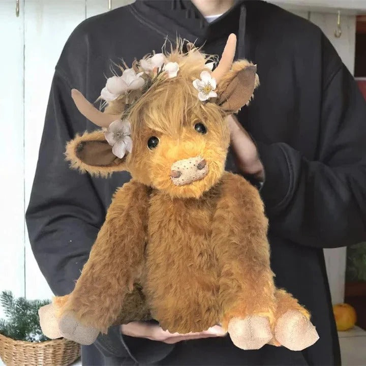 Floral Headpiece Highland Cow Plush Toy - Handmade Soft Toy