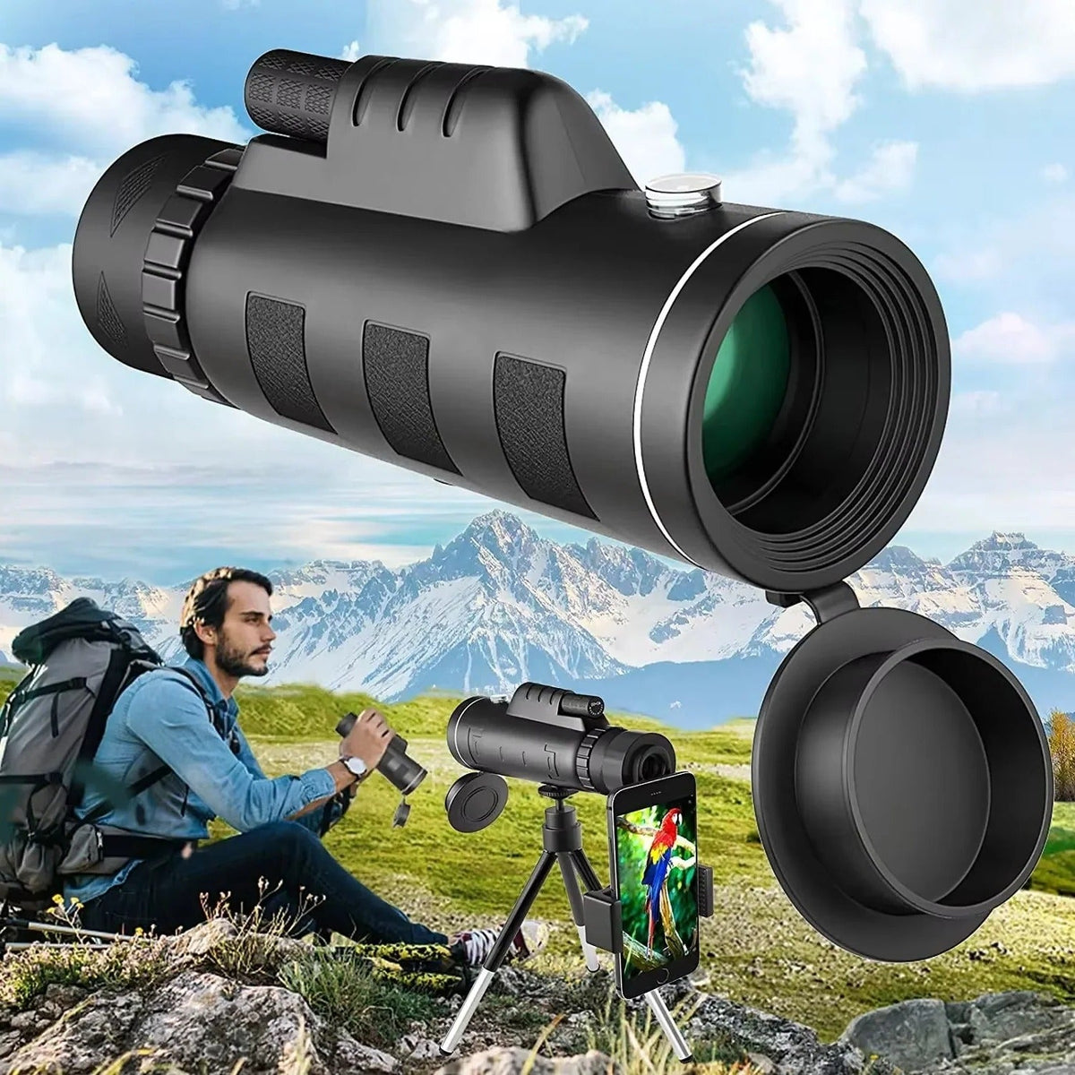 40x60 Compact Monocular for Hiking and Bird Observation with Phone Holder