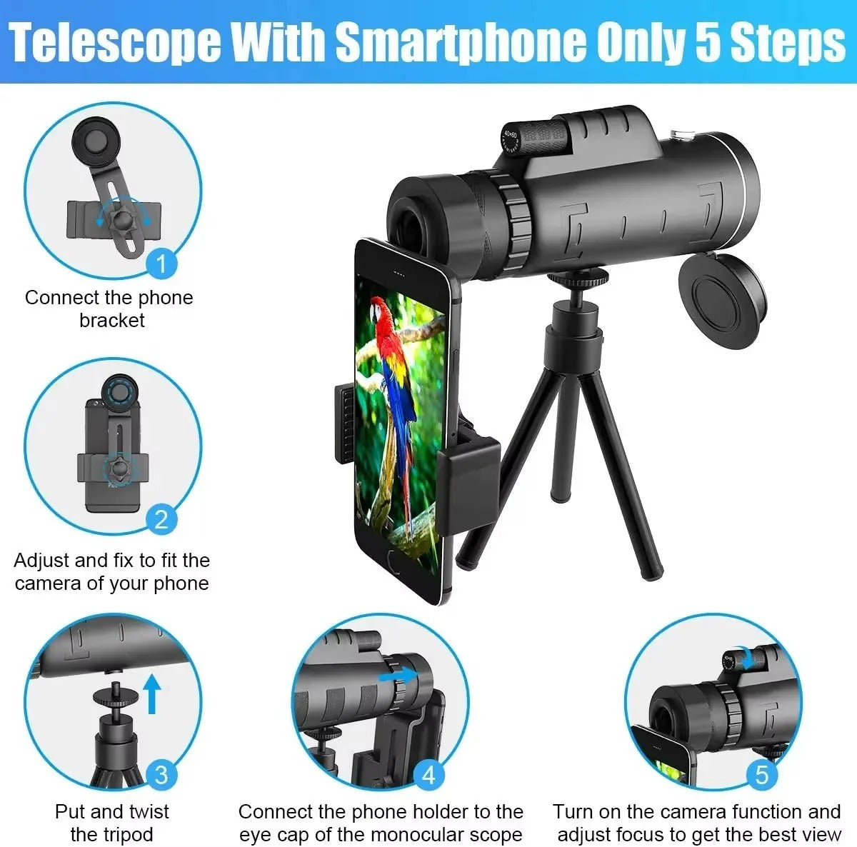40x60 Compact Monocular for Hiking and Bird Observation with Phone Holder