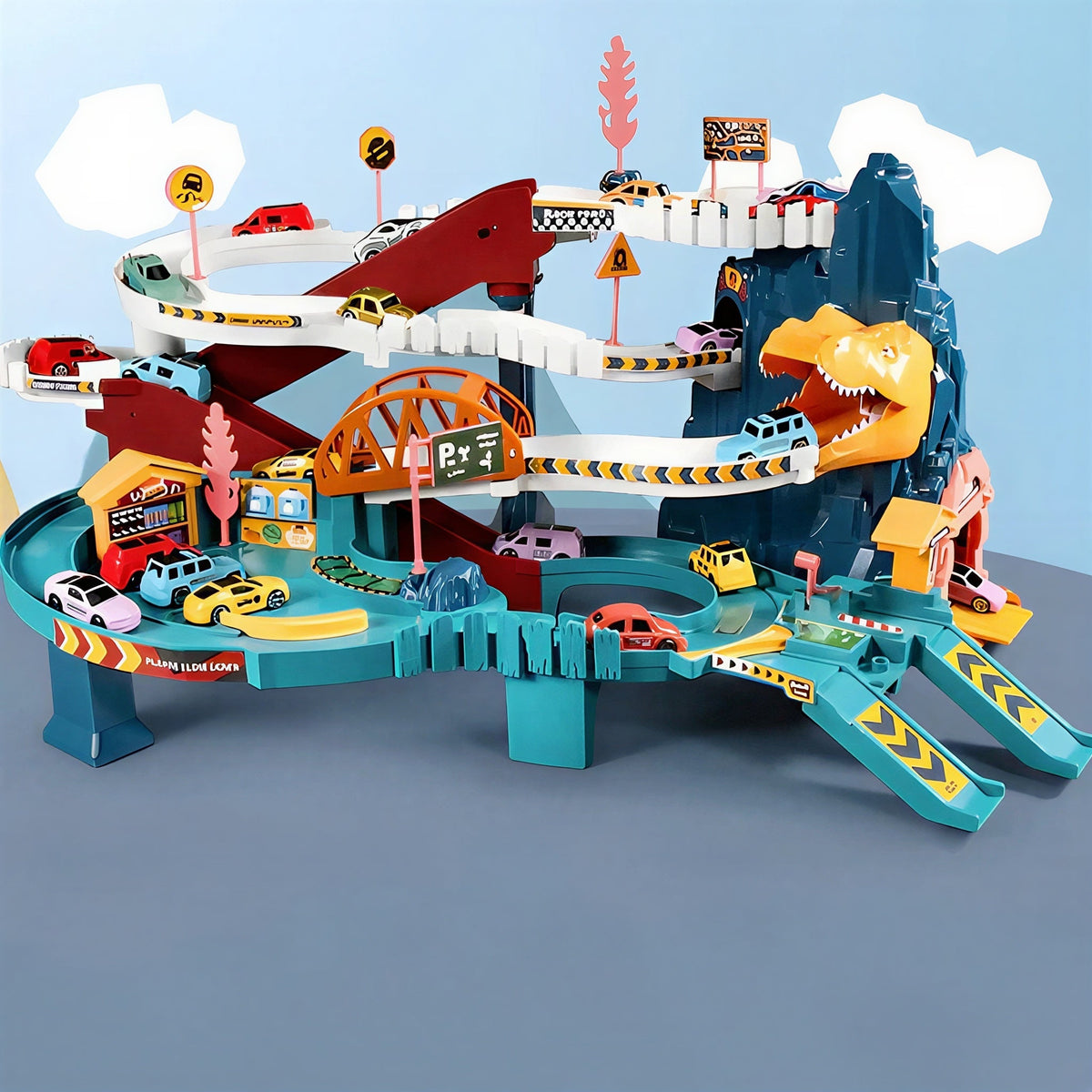 Dinosaur Race Track Playset with Cars, Tunnels, and Road Signs for Children