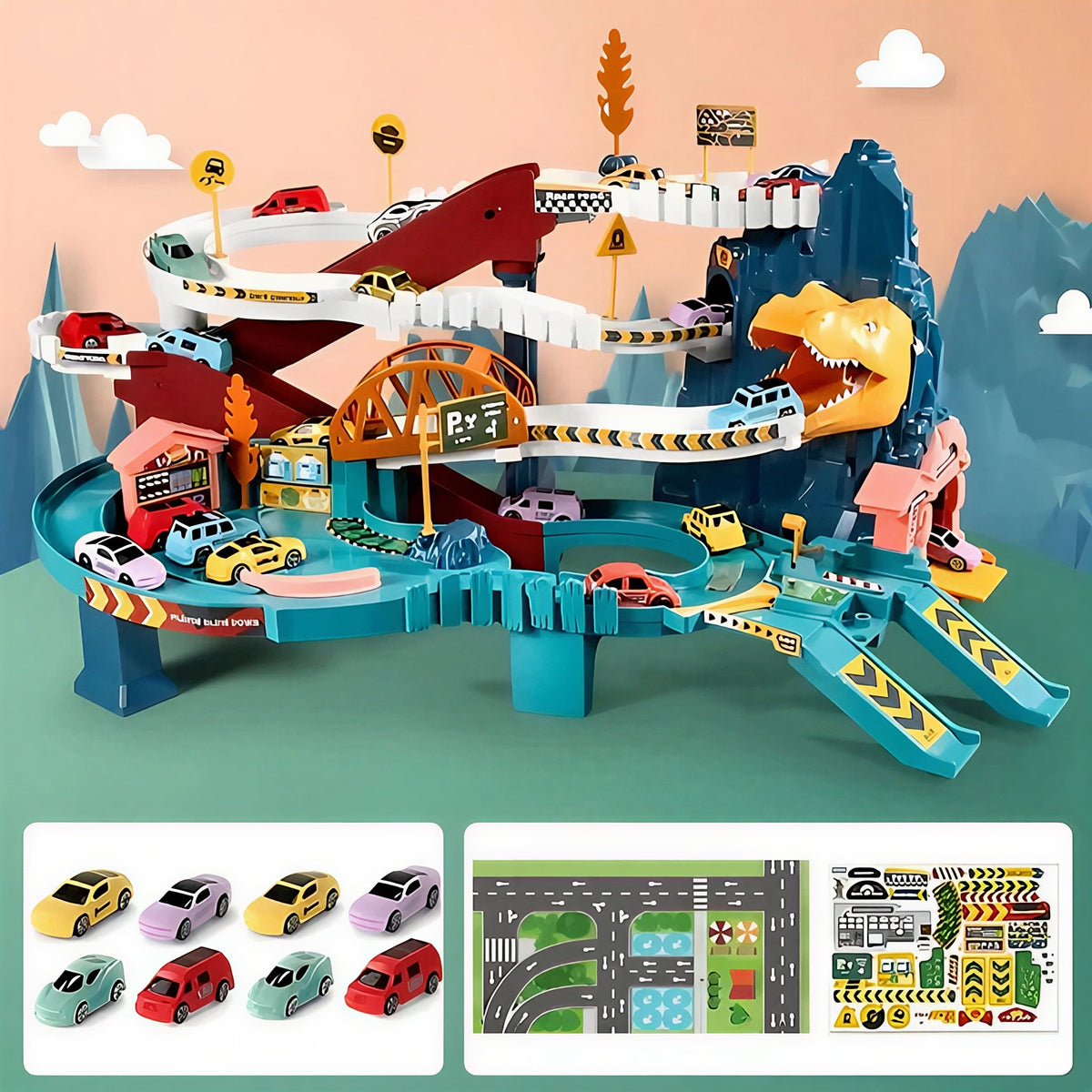 Dinosaur Race Track Playset with Cars, Tunnels, and Road Signs for Children