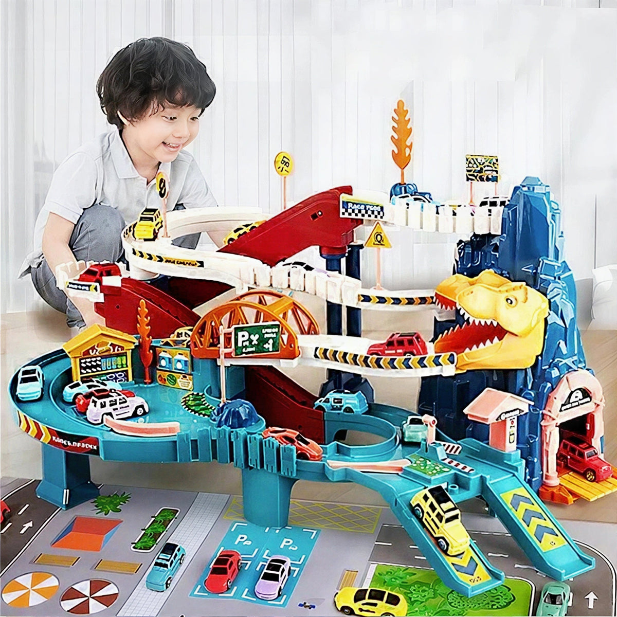 Dinosaur Race Track Playset with Cars, Tunnels, and Road Signs for Children