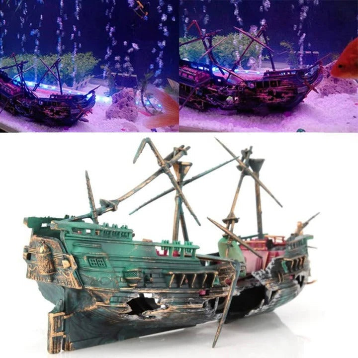 Resin Underwater Boat Ornament with Bubble Flow System for Aquariums