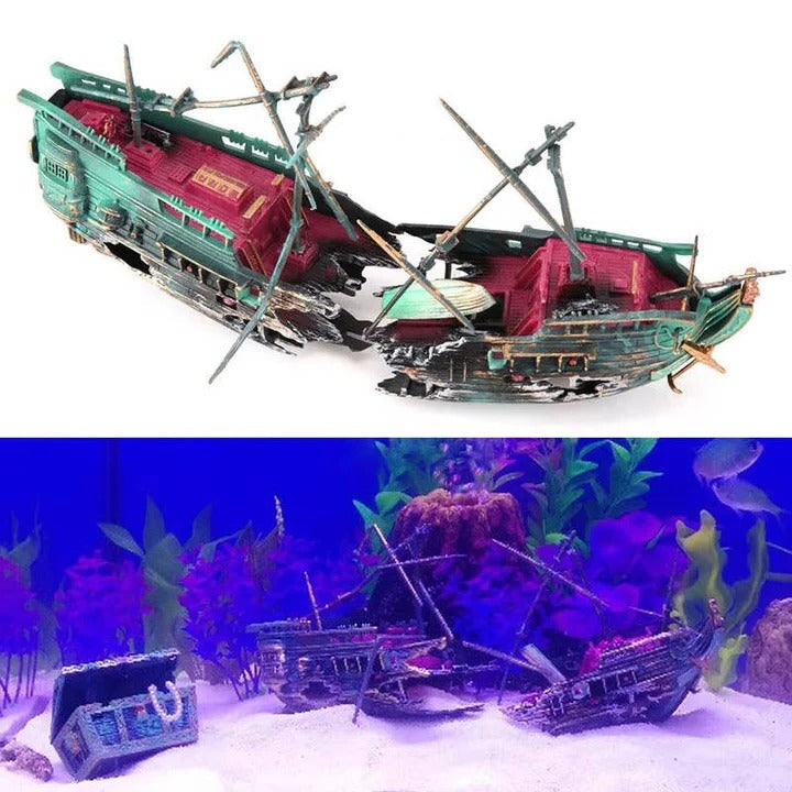 Resin Underwater Boat Ornament with Bubble Flow System for Aquariums
