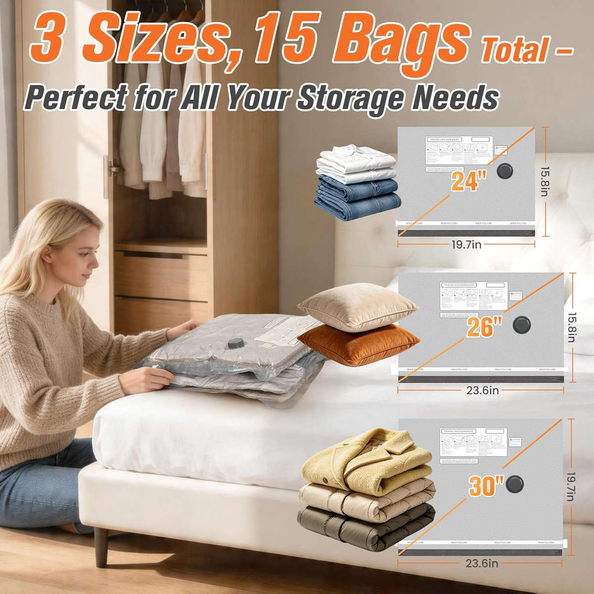 15-Piece Vacuum-Sealed Bag Set with Wireless Pump for Clothes and Bedding