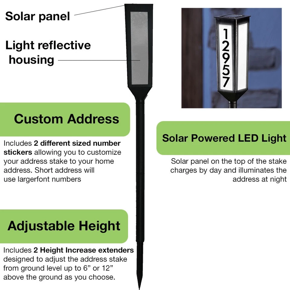 Solar-Powered Address Sign Stake with Adjustable Height and Custom Numbers