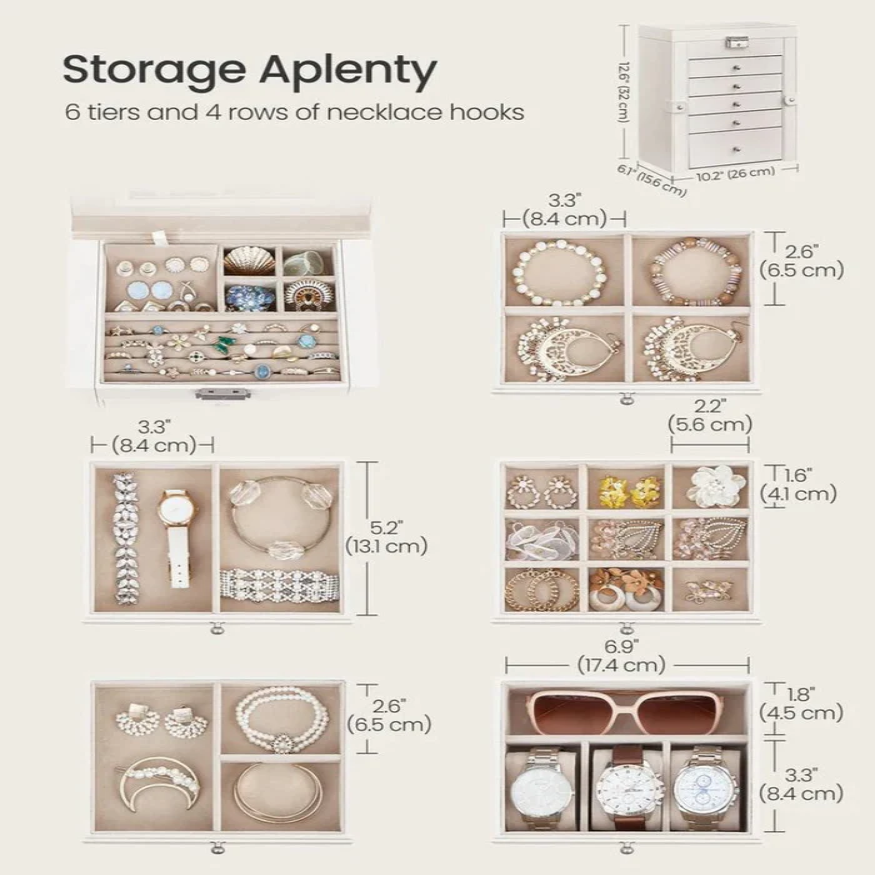 Stacked Six-Tier Jewelry Storage Box with Lock and Integrated Mirror