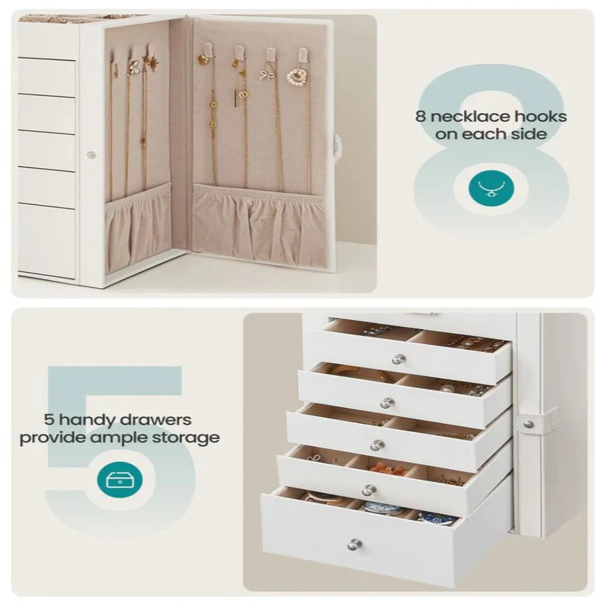 Stacked Six-Tier Jewelry Storage Box with Lock and Integrated Mirror
