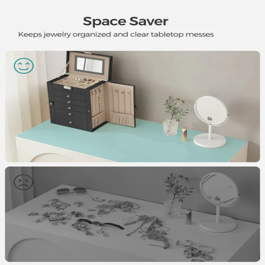 Stacked Six-Tier Jewelry Storage Box with Lock and Integrated Mirror