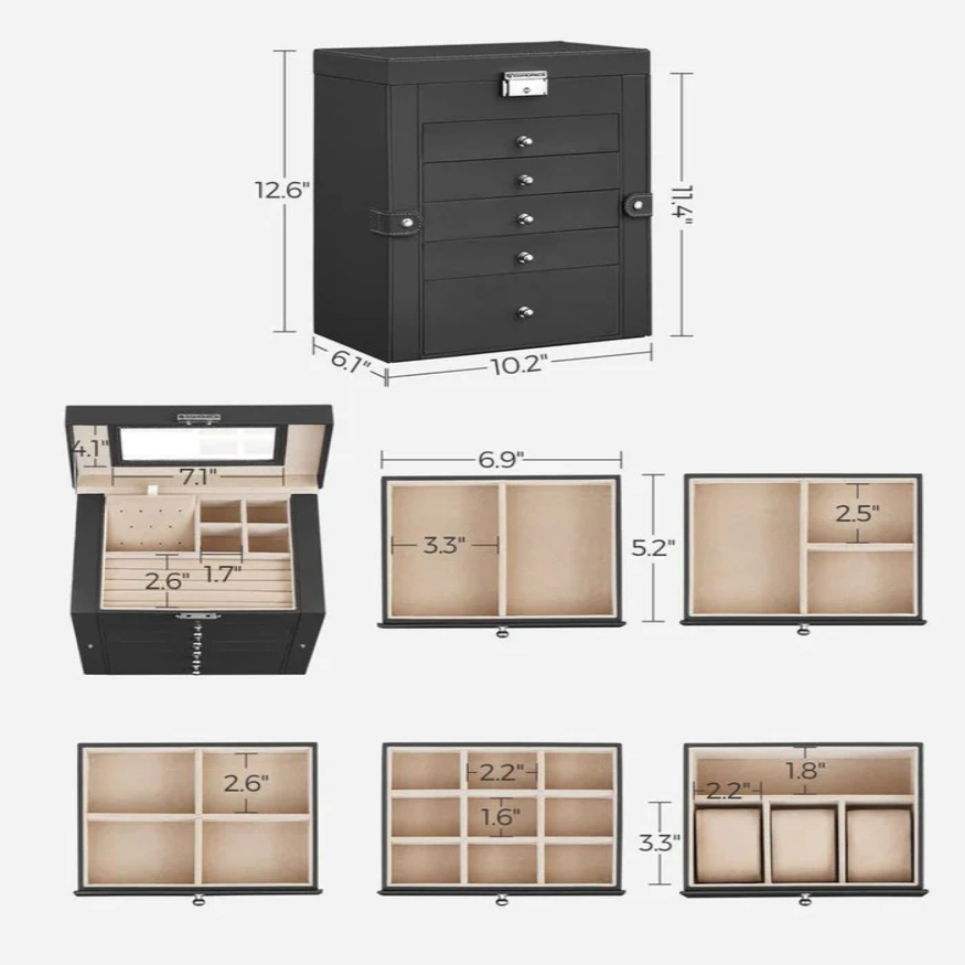 Stacked Six-Tier Jewelry Storage Box with Lock and Integrated Mirror