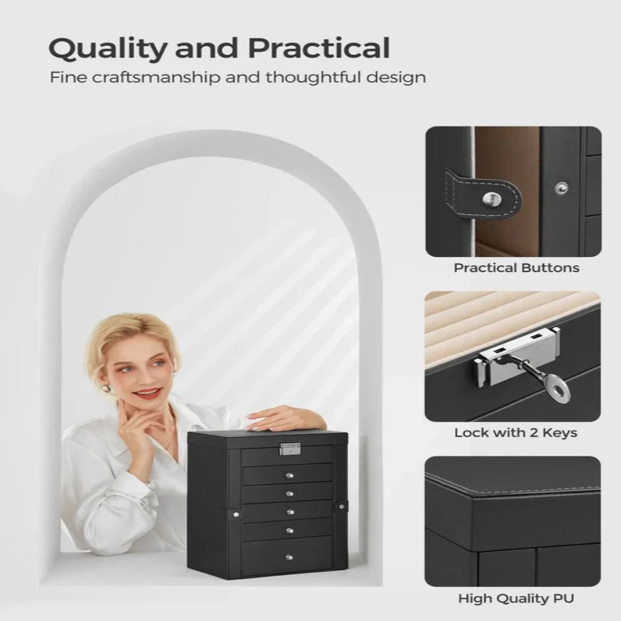 Stacked Six-Tier Jewelry Storage Box with Lock and Integrated Mirror