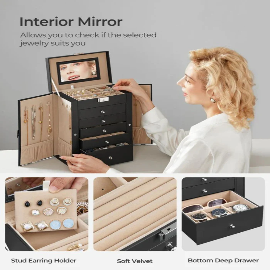 Stacked Six-Tier Jewelry Storage Box with Lock and Integrated Mirror