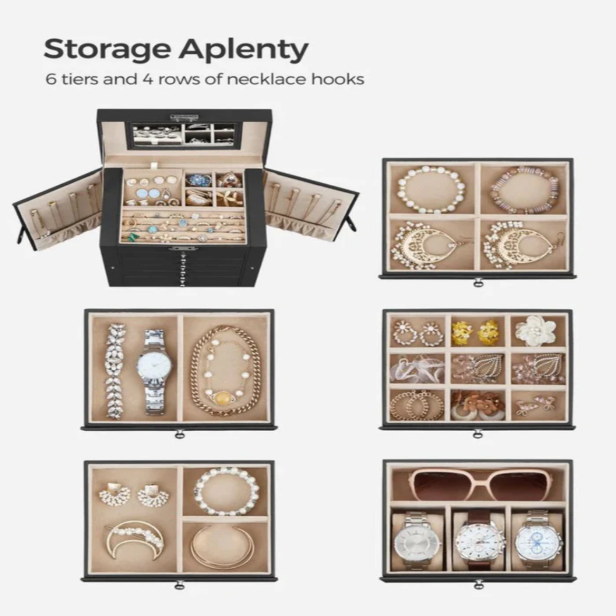 Stacked Six-Tier Jewelry Storage Box with Lock and Integrated Mirror