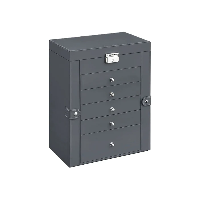 Stacked Six-Tier Jewelry Storage Box with Lock and Integrated Mirror