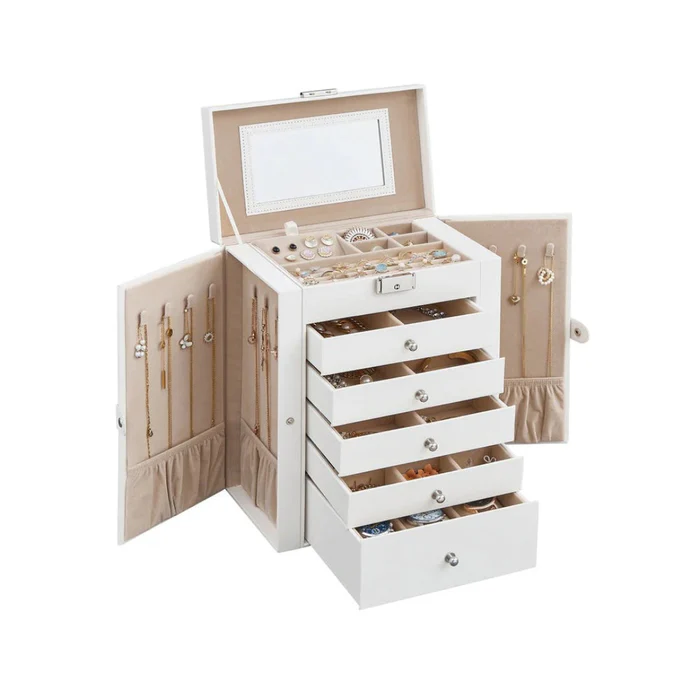 Stacked Six-Tier Jewelry Storage Box with Lock and Integrated Mirror