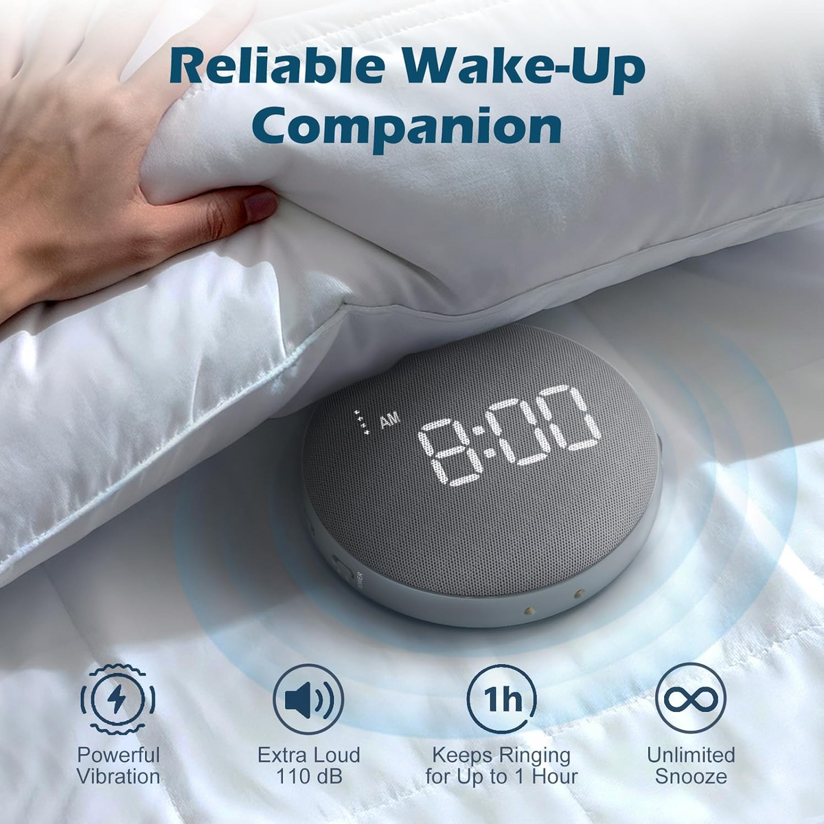 Vibrating Alarm Clock with 110dB Sound and Cordless Pillow Disc for Deep Sleepers