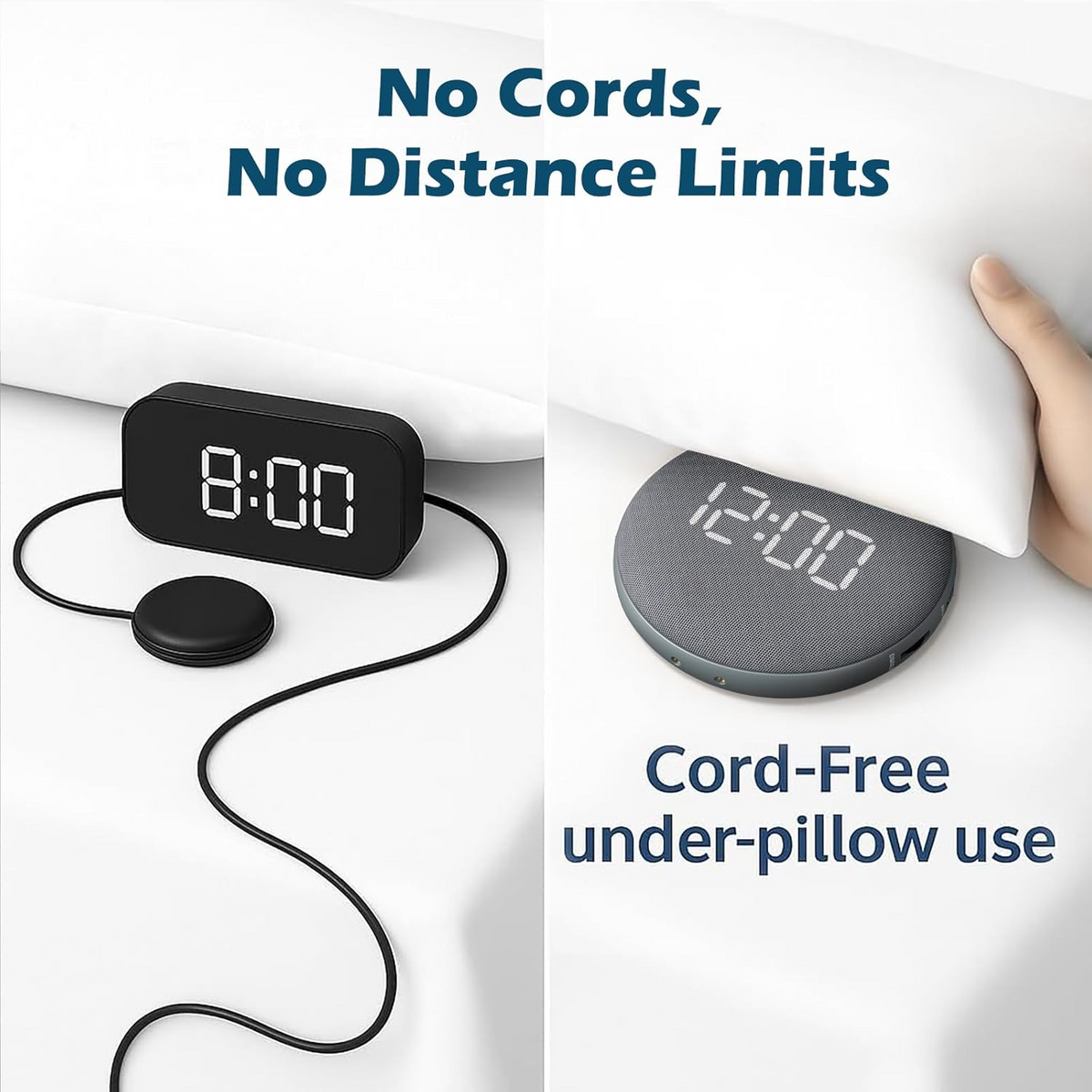 Vibrating Alarm Clock with 110dB Sound and Cordless Pillow Disc for Deep Sleepers