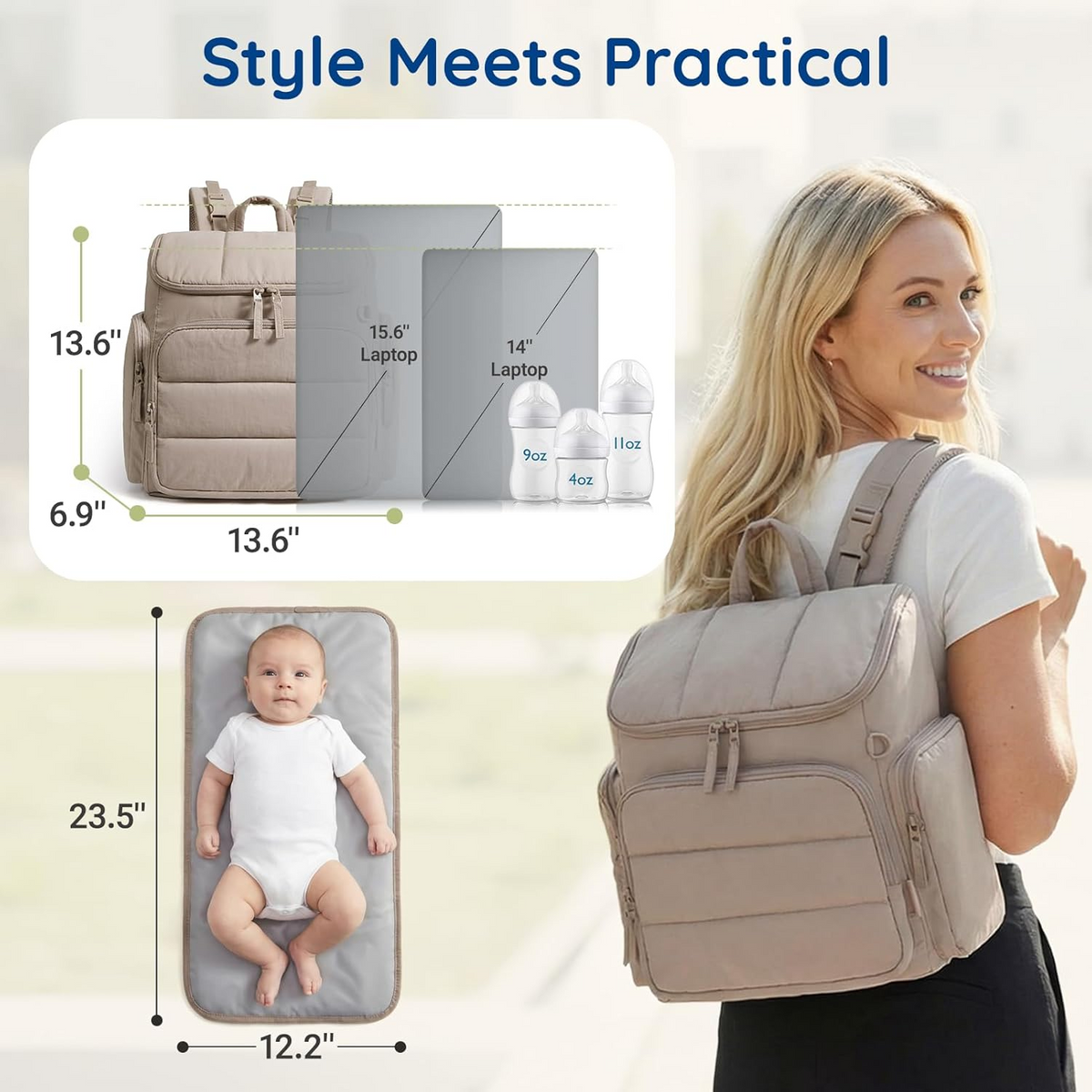 Diaper Backpack with Insulated Bottle Compartments and Stroller Clips