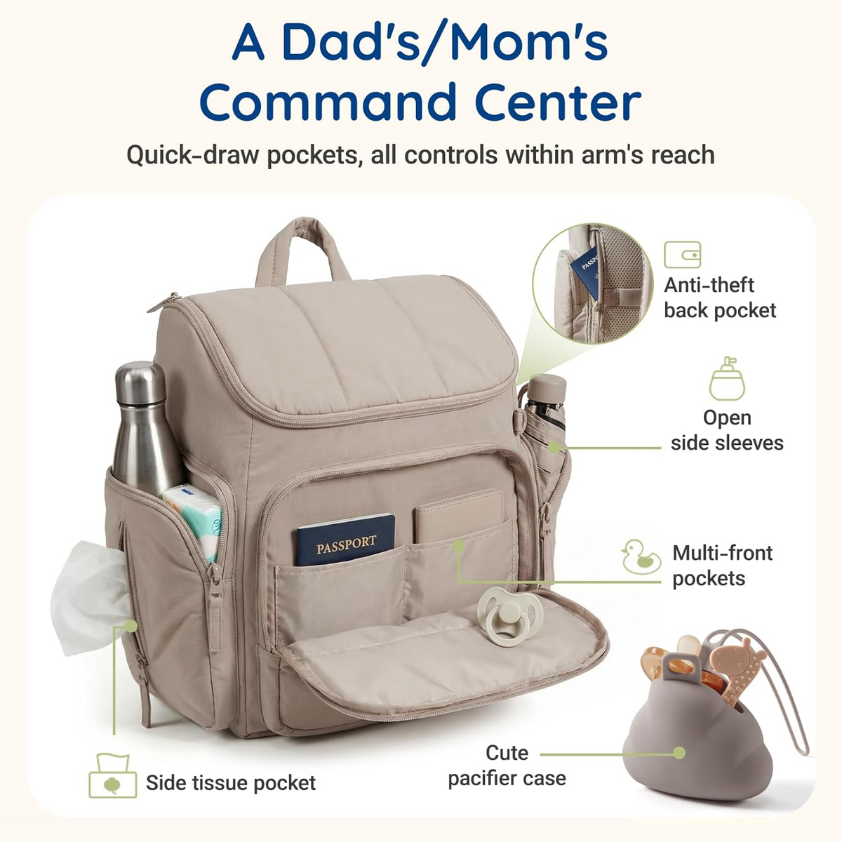 Diaper Backpack with Insulated Bottle Compartments and Stroller Clips