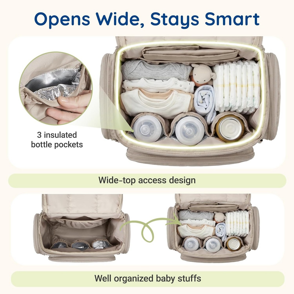 Diaper Backpack with Insulated Bottle Compartments and Stroller Clips