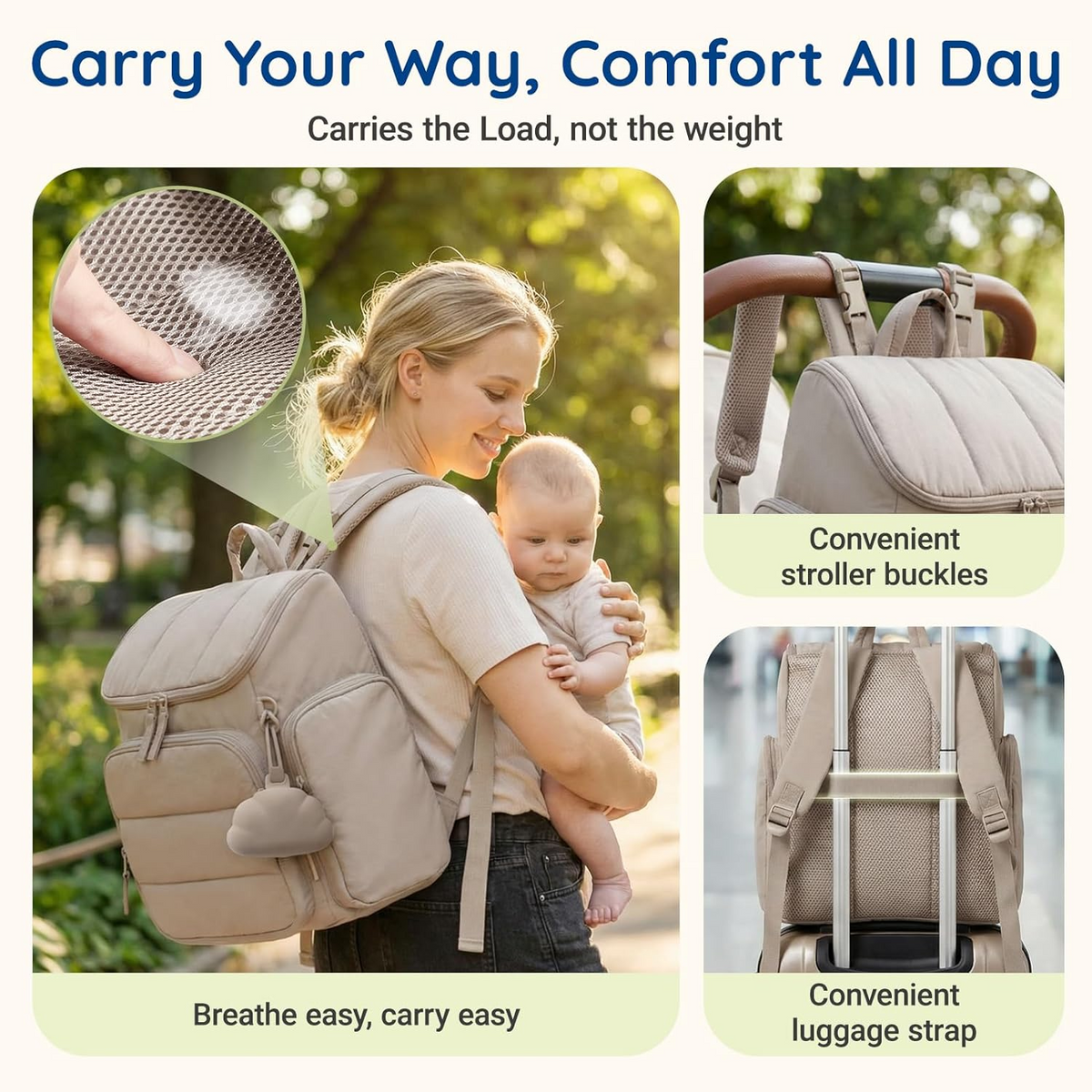 Diaper Backpack with Insulated Bottle Compartments and Stroller Clips