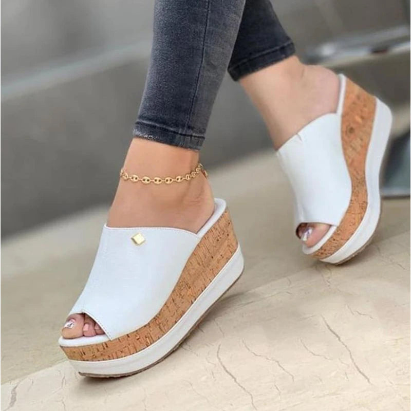 Cork-heeled Peep-toe Sandals on a Platform