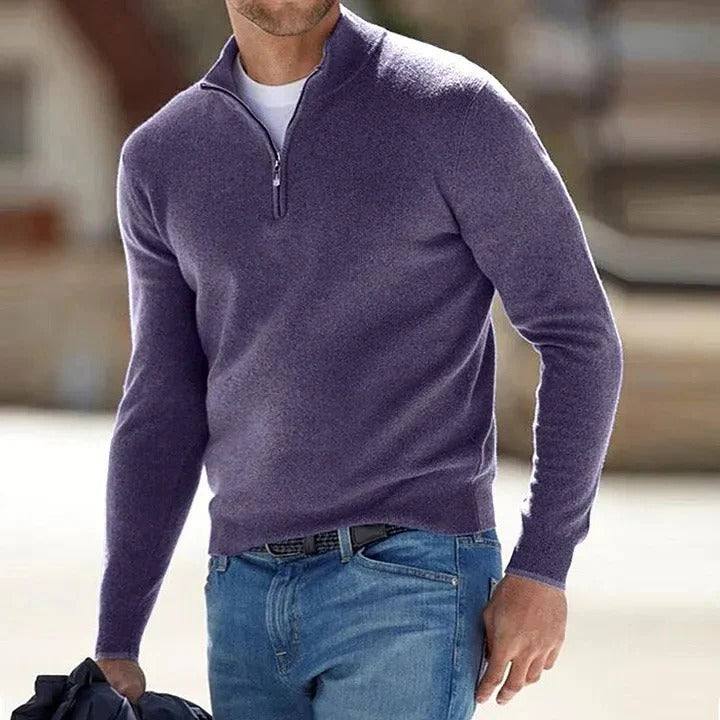 Men's Long Sleeve Sweater in Cashmere with Zipper Front Closure