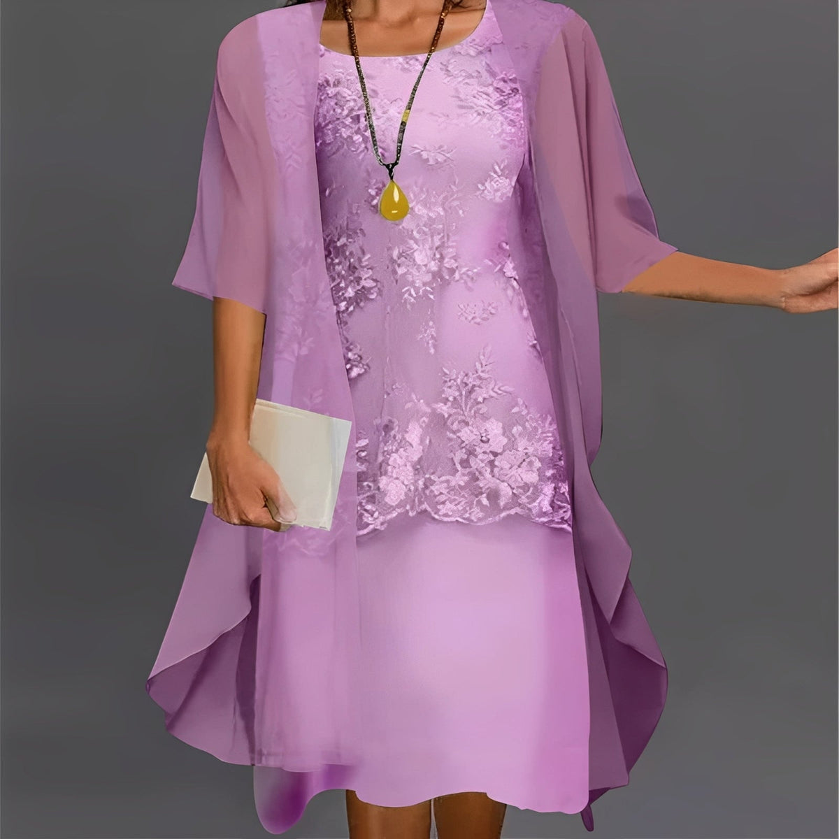Women's Lace Detail Top Chiffon Dress Set - 2 Pieces