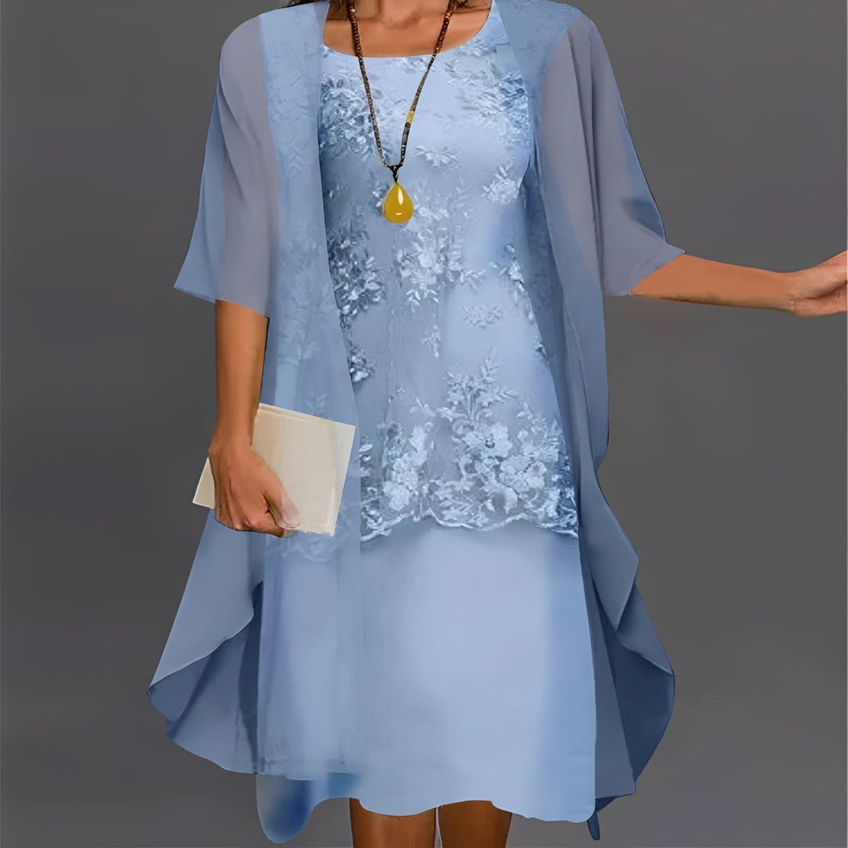 Women's Lace Detail Top Chiffon Dress Set - 2 Pieces