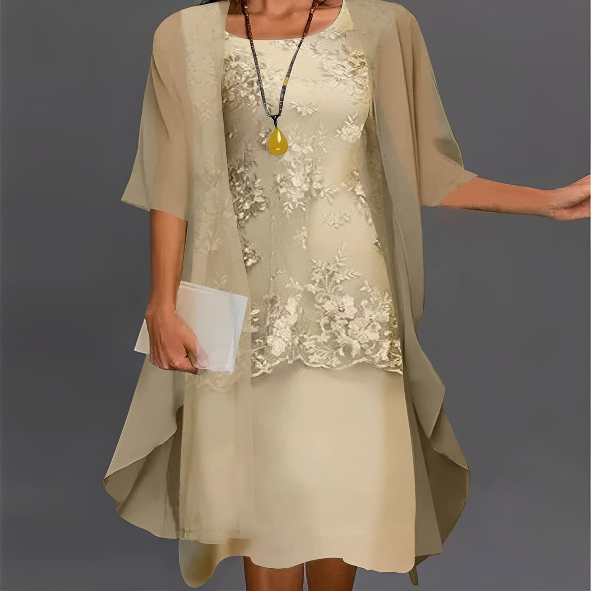 Women's Lace Detail Top Chiffon Dress Set - 2 Pieces