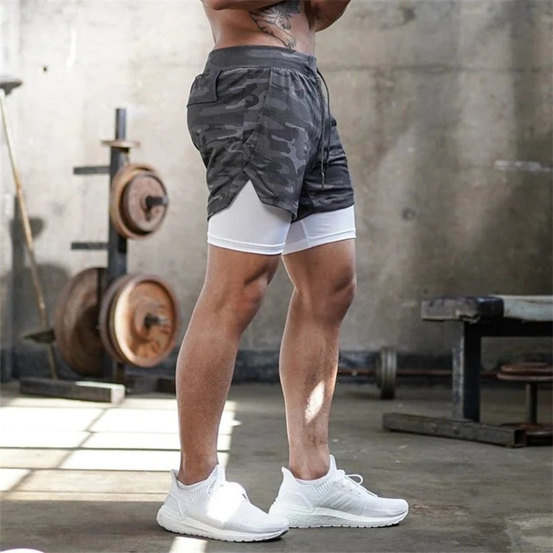 Men's Camo Athletic Shorts with Built-In Compression Layer - 2 in 1