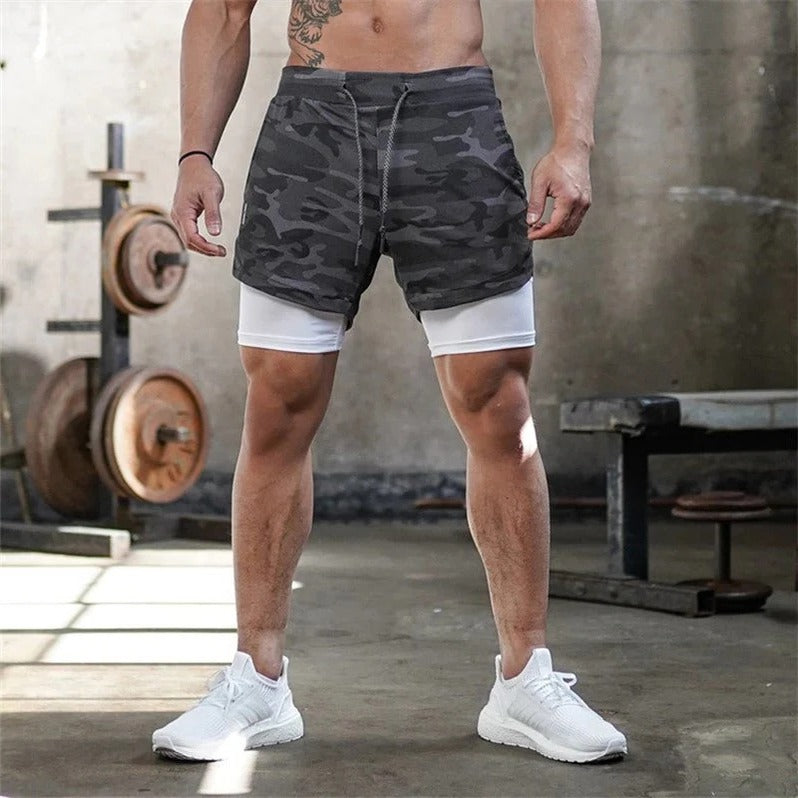 Men's Camo Athletic Shorts with Built-In Compression Layer - 2 in 1