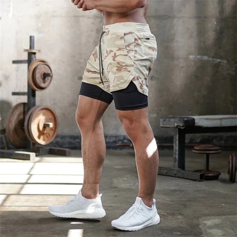 Men's Camo Athletic Shorts with Built-In Compression Layer - 2 in 1