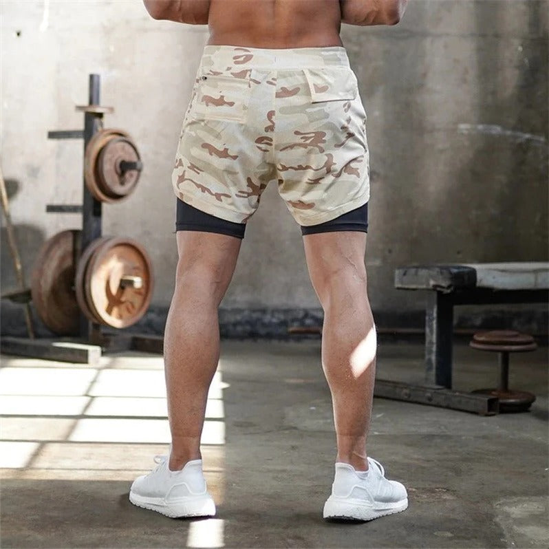 Men's Camo Athletic Shorts with Built-In Compression Layer - 2 in 1