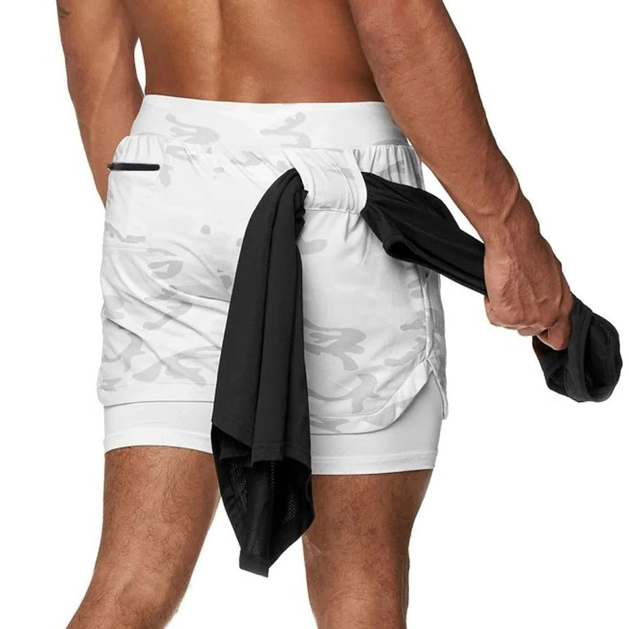 Men's Camo Athletic Shorts with Built-In Compression Layer - 2 in 1