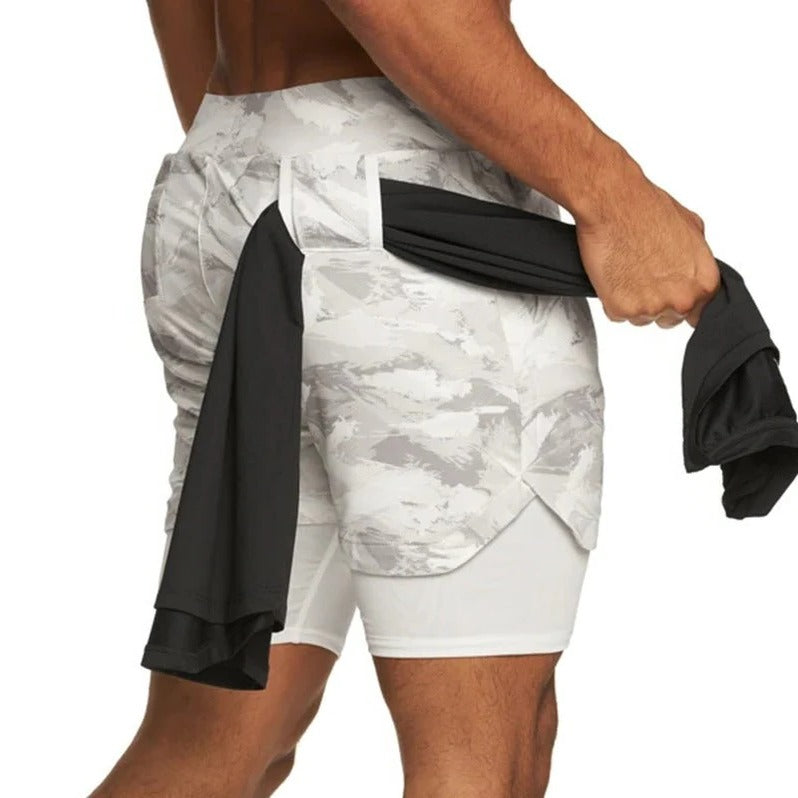 Men's Camo Athletic Shorts with Built-In Compression Layer - 2 in 1