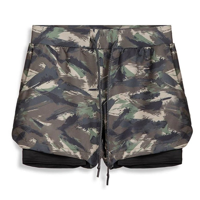 Men's Camo Athletic Shorts with Built-In Compression Layer - 2 in 1