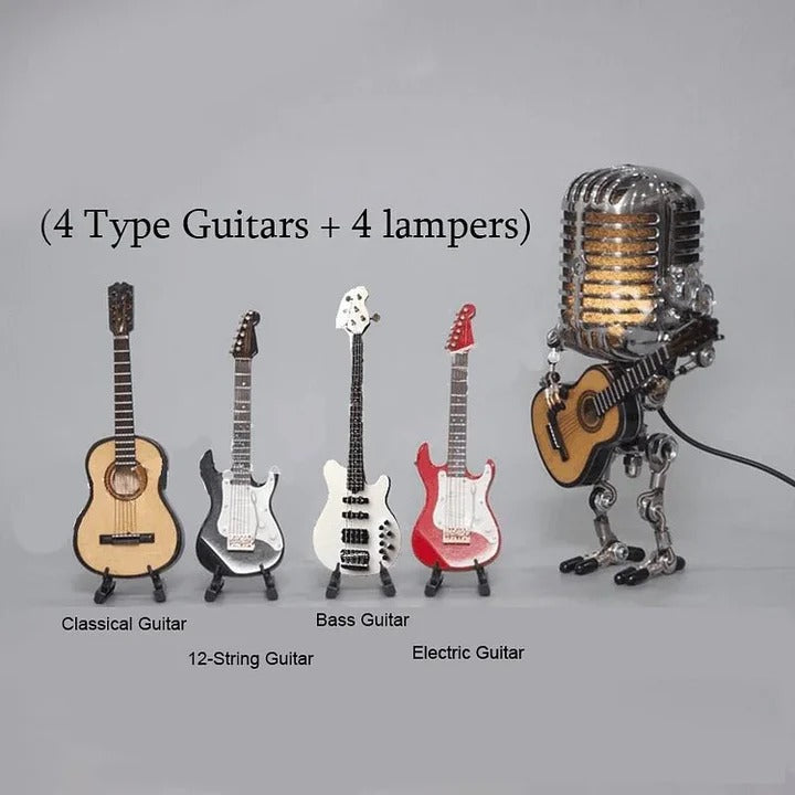 Retro Robot Desk Light Featuring Metal Microphone and Guitar