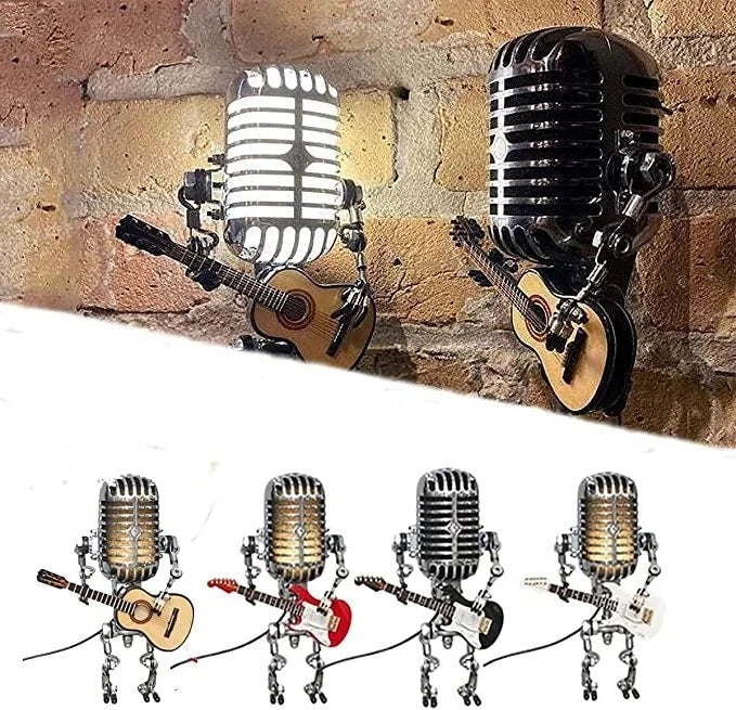 Retro Robot Desk Light Featuring Metal Microphone and Guitar