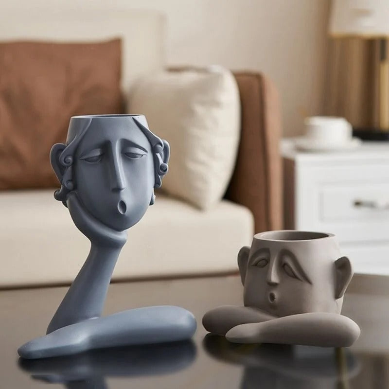 Modern Sculptural Design Plant Vase Set in Face Shape