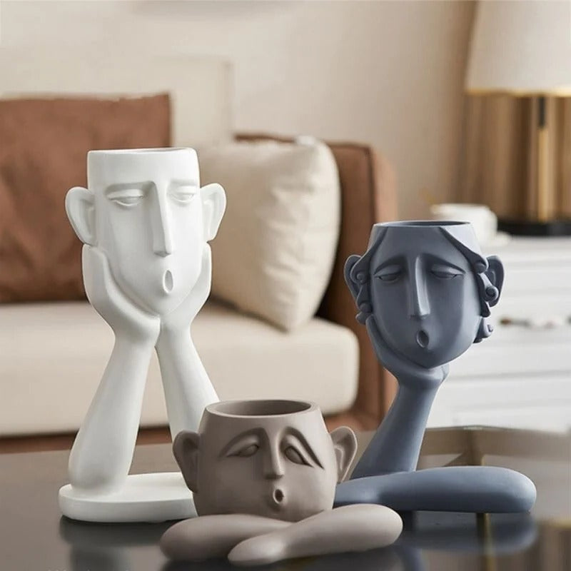 Modern Sculptural Design Plant Vase Set in Face Shape
