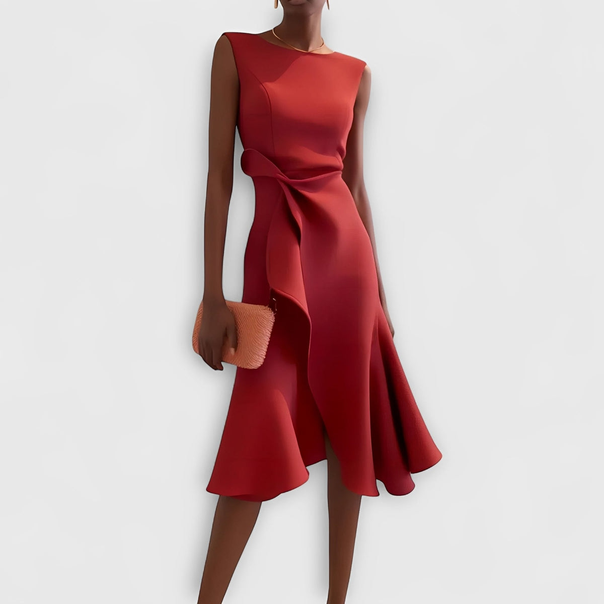 Draped Midi Dress with Asymmetric Design and Layered Hem