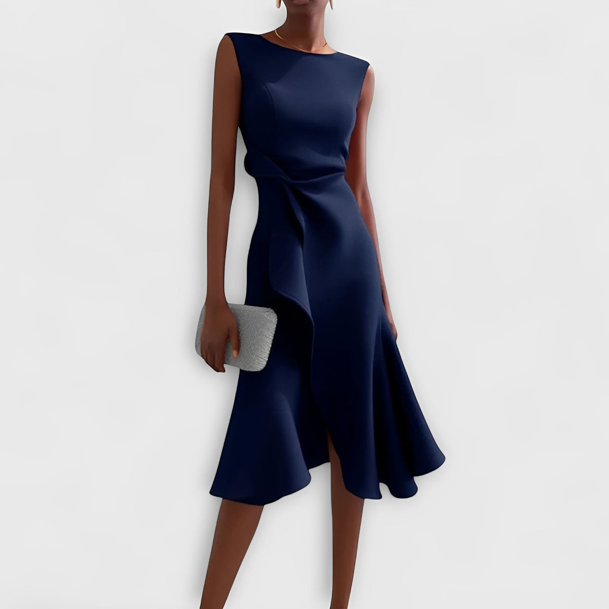 Draped Midi Dress with Asymmetric Design and Layered Hem