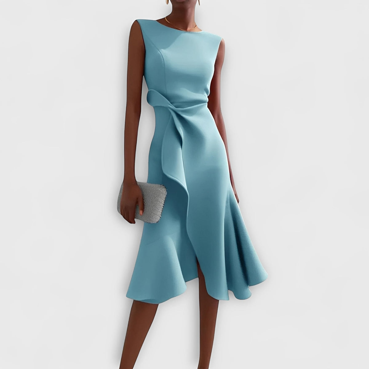 Draped Midi Dress with Asymmetric Design and Layered Hem